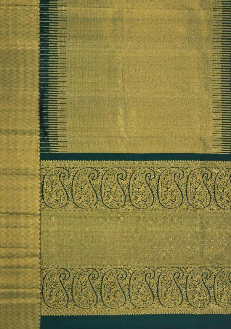 Bottle Green Handloom Kanchipuram Silk Saree With Temple Border With Korvai And Temple Border Design For Women - Indya