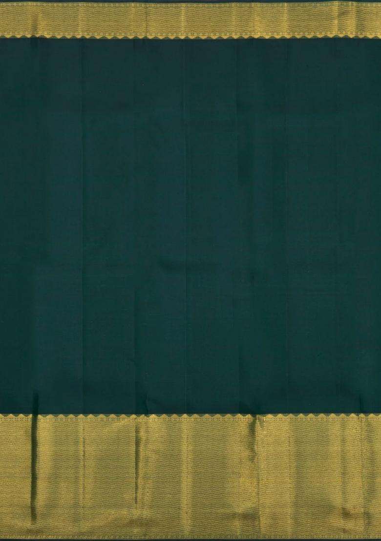 Bottle Green Handloom Kanchipuram Silk Saree With Temple Border With Korvai And Temple Border Design For Women - Indya