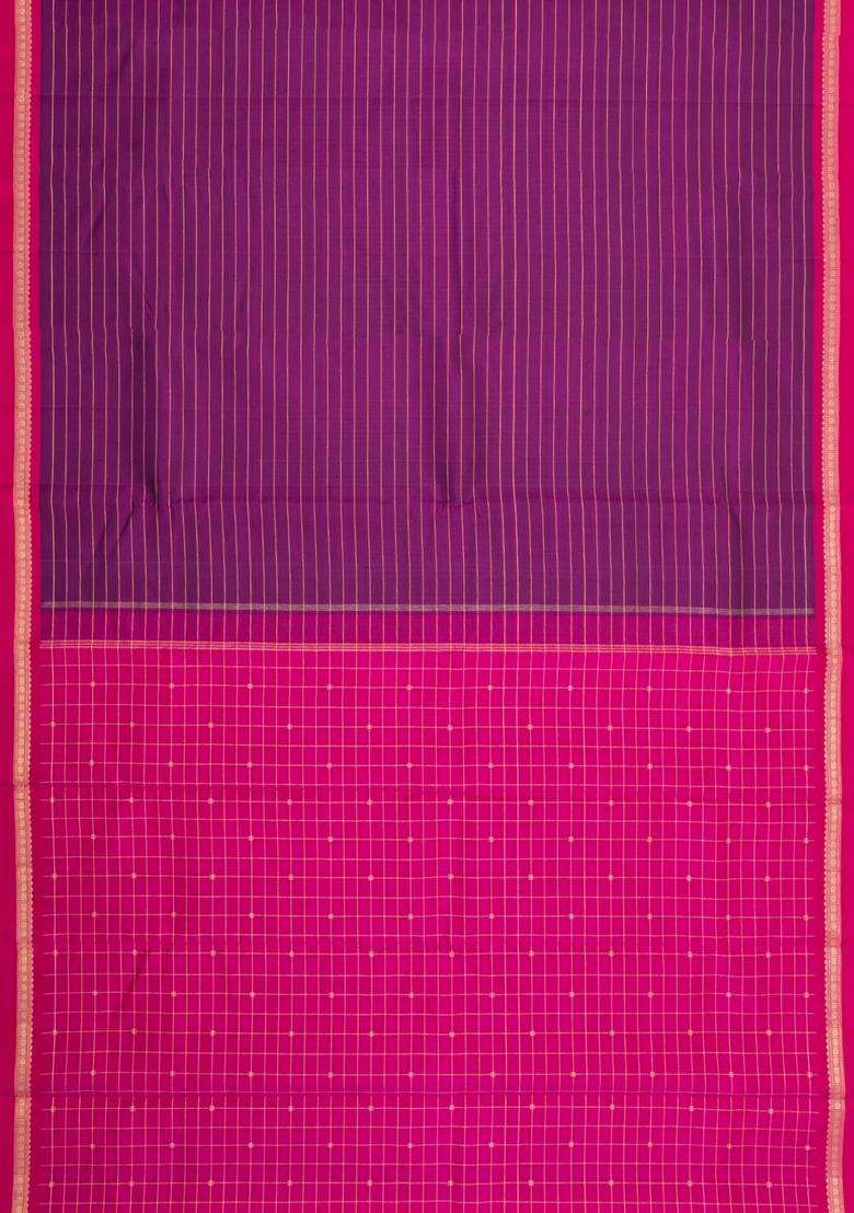 Purple Handloom Kanchipuram Silk Saree With Stripes Contrast Border With Checks And Stripes Design For Women - Indya