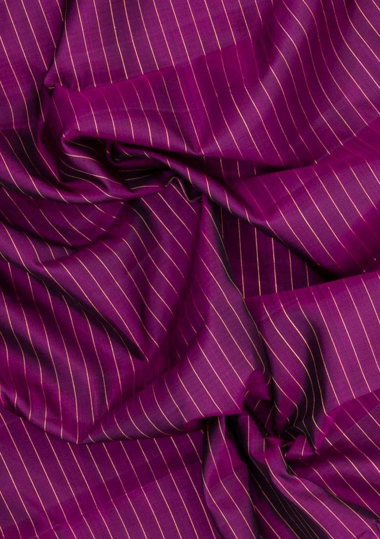 Purple Handloom Kanchipuram Silk Saree With Stripes Contrast Border With Checks And Stripes Design For Women - Indya