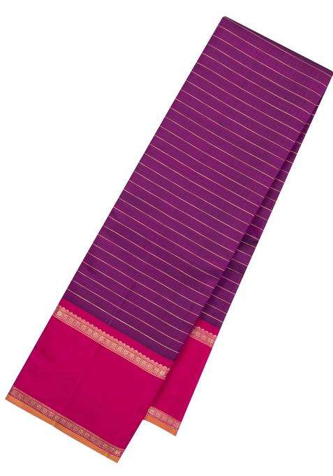 Purple Handloom Kanchipuram Silk Saree With Stripes Contrast Border With Checks And Stripes Design For Women