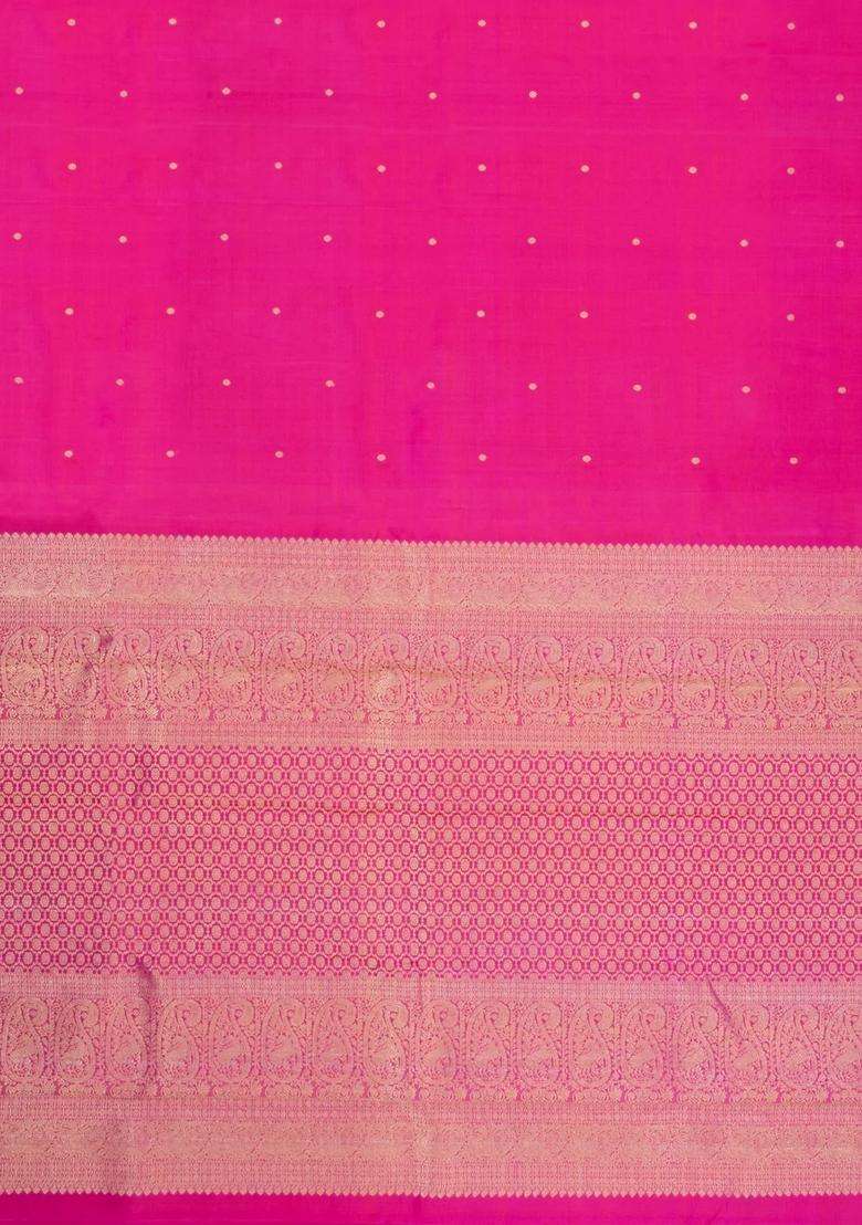Hot Pink Handloom Kanchipuram Silk Saree With Buttas Zari Border With Buttas And Brocade Design For Women - Indya