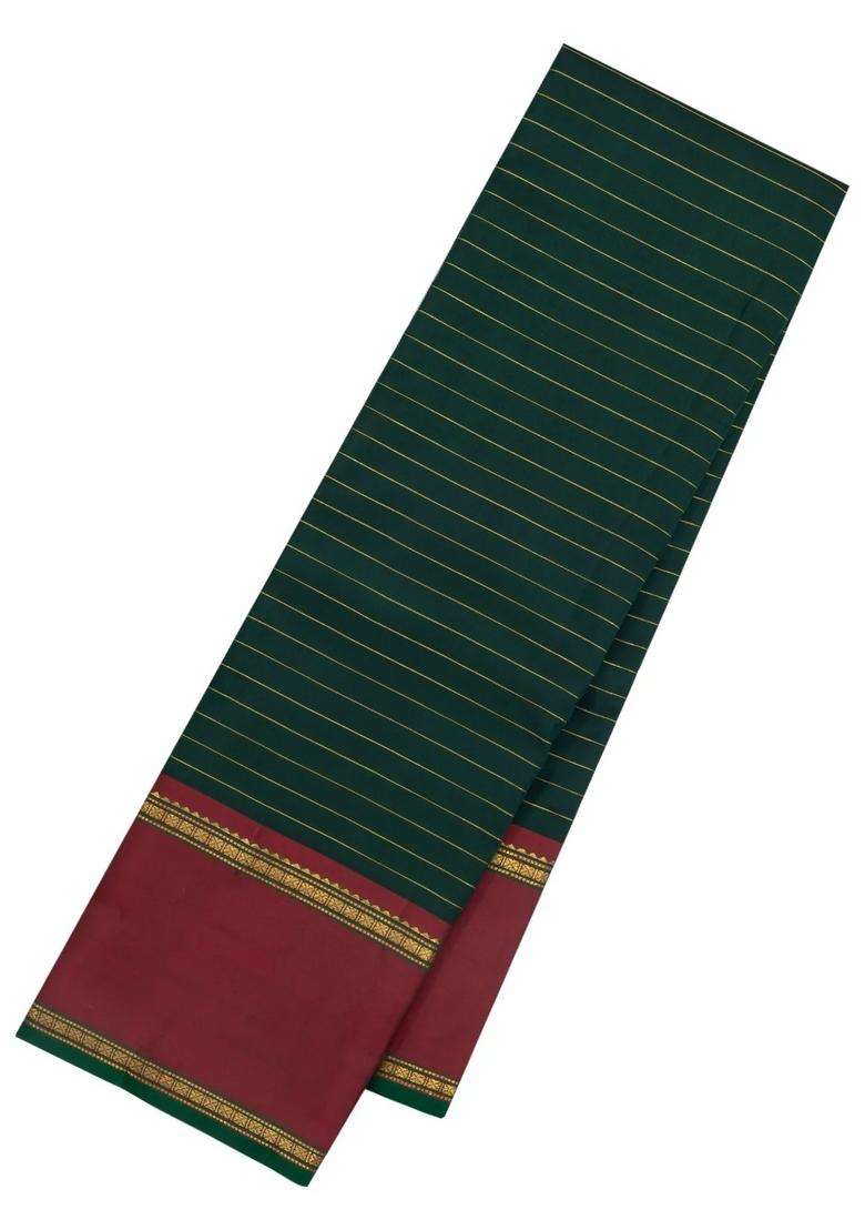 Bottle Green Handloom Kanchipuram Silk Saree With Stripes Contrast Border With Checks And Stripes Design For Women - Indya