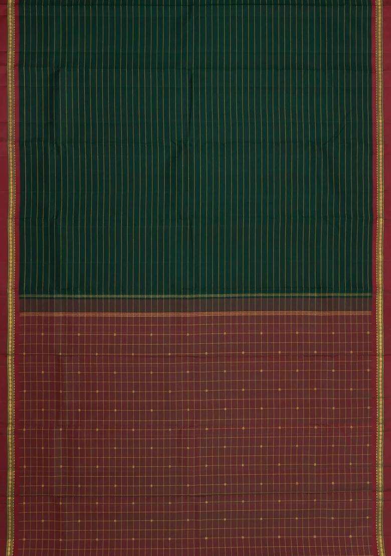 Bottle Green Handloom Kanchipuram Silk Saree With Stripes Contrast Border With Checks And Stripes Design For Women - Indya