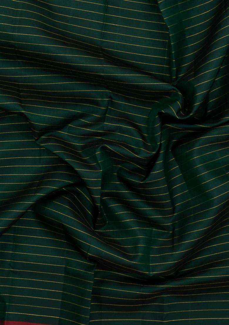 Bottle Green Handloom Kanchipuram Silk Saree With Stripes Contrast Border With Checks And Stripes Design For Women - Indya