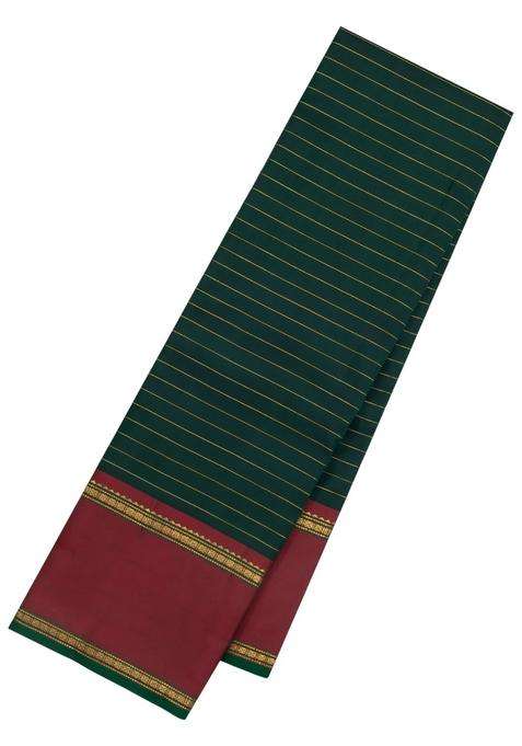 Bottle Green Handloom Kanchipuram Silk Saree With Stripes Contrast Border With Checks And Stripes Design For Women