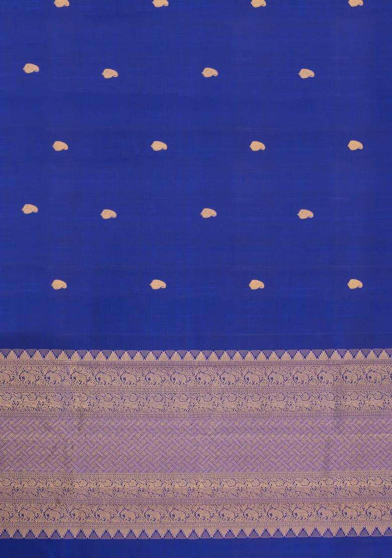 Blue Handloom Kanchipuram Silk Saree With Mango Buttas With Buttas And Brocade Design For Women - Indya