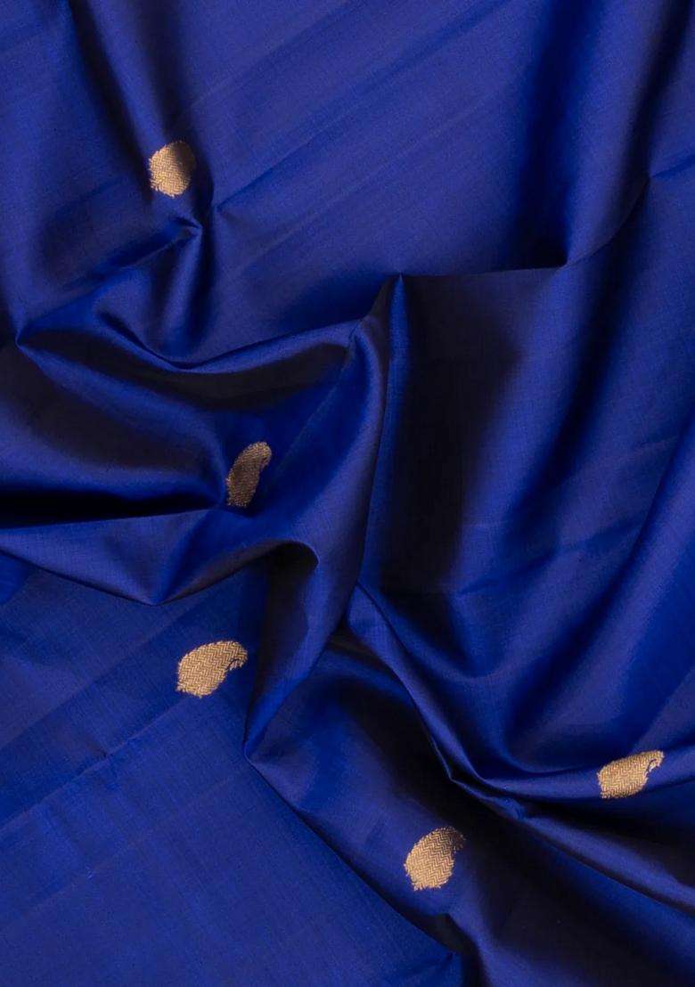 Blue Handloom Kanchipuram Silk Saree With Mango Buttas With Buttas And Brocade Design For Women - Indya