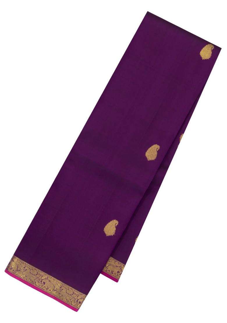 Dark Purple Handloom Kanchipuram Silk Saree With Mango Buttas With Buttas And Brocade Design For Women - Indya