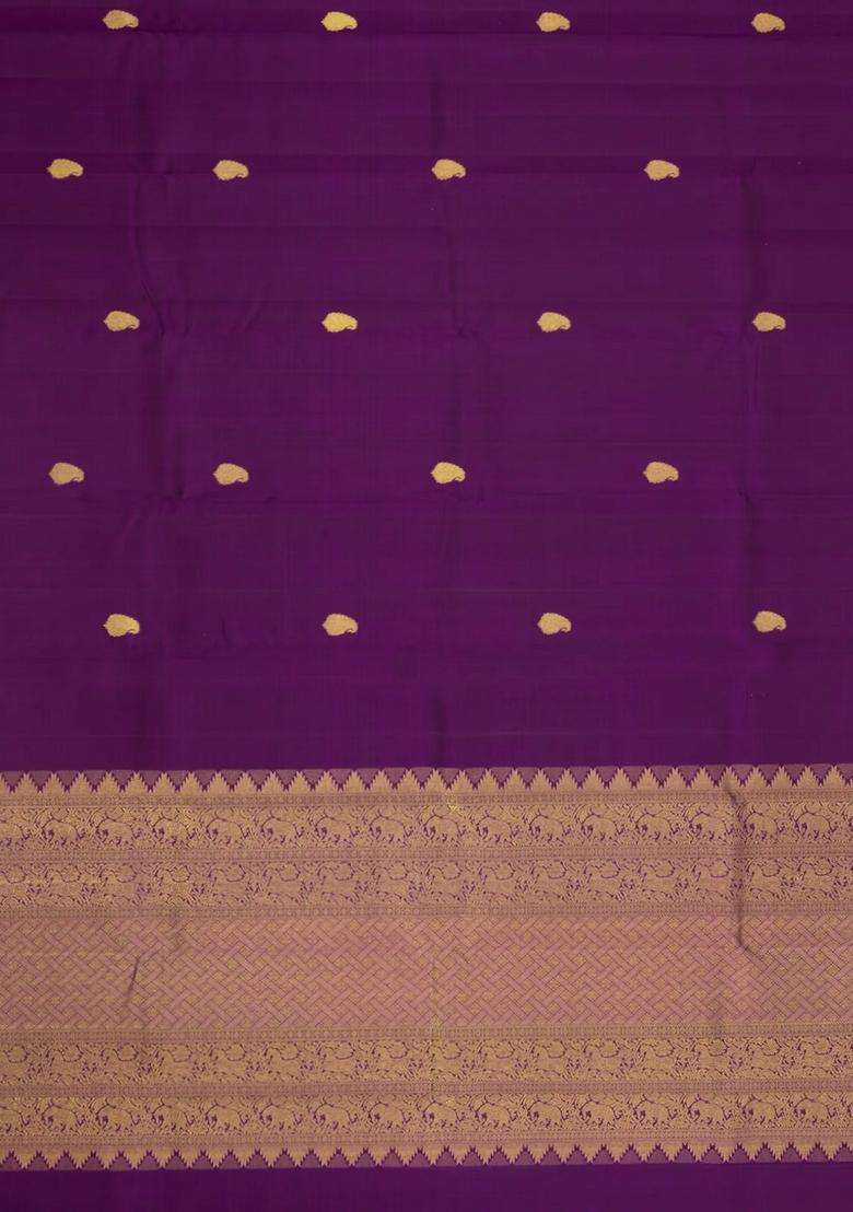 Dark Purple Handloom Kanchipuram Silk Saree With Mango Buttas With Buttas And Brocade Design For Women - Indya