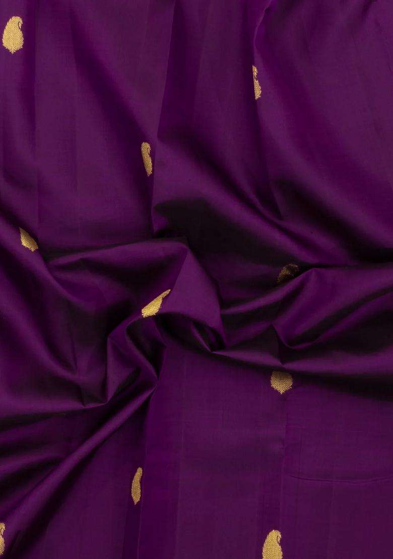Dark Purple Handloom Kanchipuram Silk Saree With Mango Buttas With Buttas And Brocade Design For Women - Indya