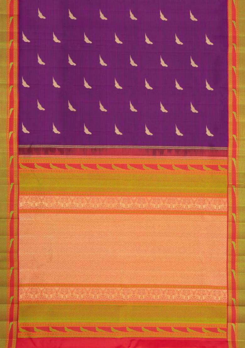 Purple Handloom Korvai Kanchipuram Silk Saree With Zari Buttas With Korvai And Temple Border Design For Women - Indya
