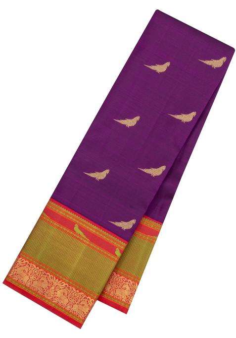 Purple Handloom Korvai Kanchipuram Silk Saree With Zari Buttas With Korvai And Temple Border Design For Women