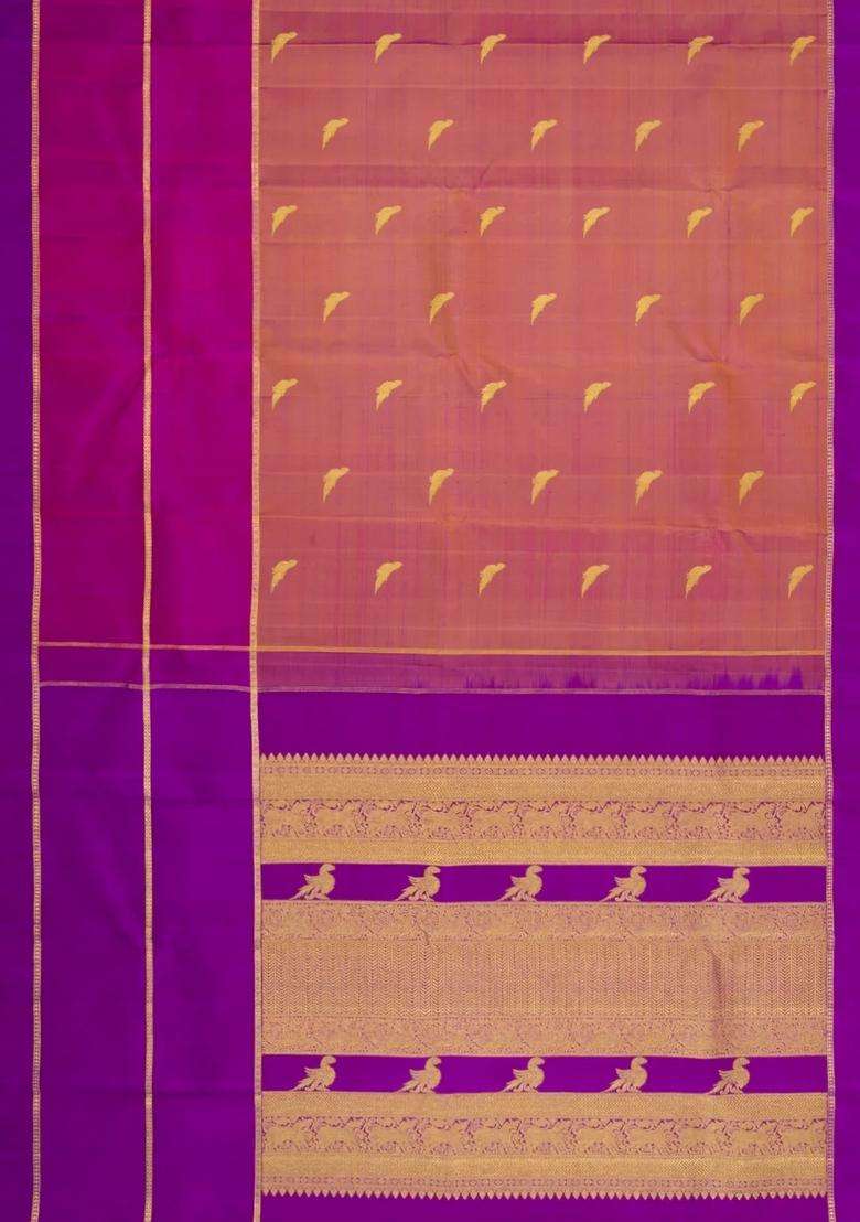 Dusty Peach Handloom Korvai Kanchipuram Silk Saree With Zari Buttas With Korvai And Temple Border Design For Women - Indya