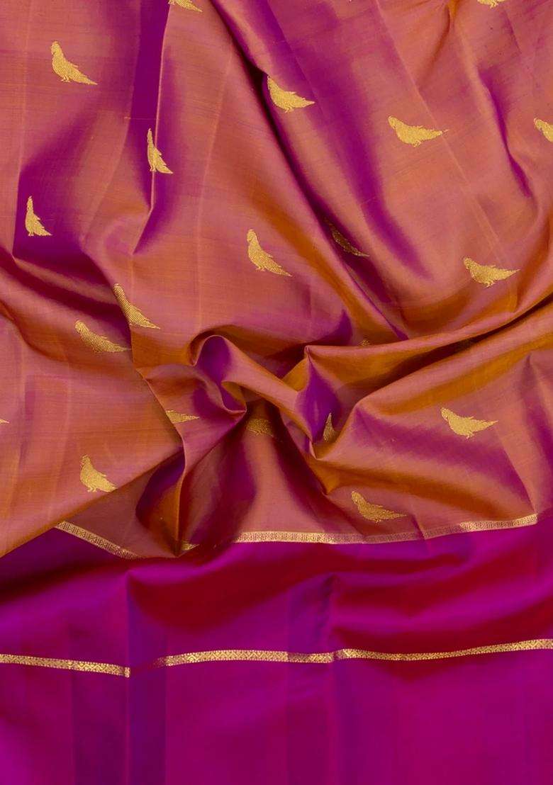 Dusty Peach Handloom Korvai Kanchipuram Silk Saree With Zari Buttas With Korvai And Temple Border Design For Women - Indya