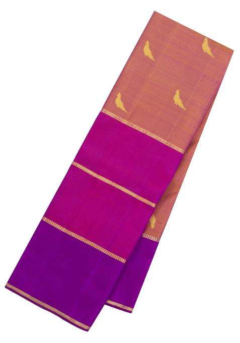 Dusty Peach Handloom Korvai Kanchipuram Silk Saree With Zari Buttas With Korvai And Temple Border Design For Women