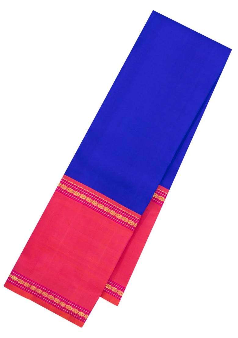 Blue Handloom Korvai Kanchipuram Silk Saree With Contrast Border With Korvai And Temple Border Design For Women - Indya