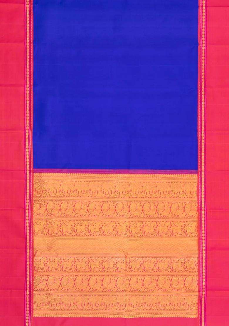 Blue Handloom Korvai Kanchipuram Silk Saree With Contrast Border With Korvai And Temple Border Design For Women - Indya