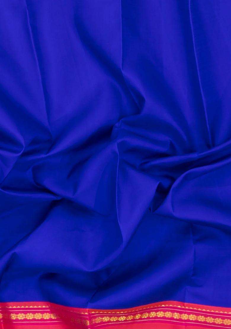 Blue Handloom Korvai Kanchipuram Silk Saree With Contrast Border With Korvai And Temple Border Design For Women - Indya