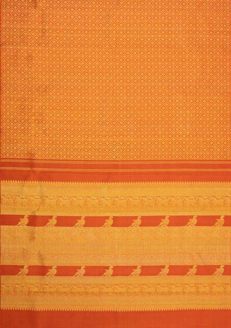 Rust Handloom Kanchipuram Silk Saree With Floral Zari Motifs With Buttas And Brocade Design For Women - Indya