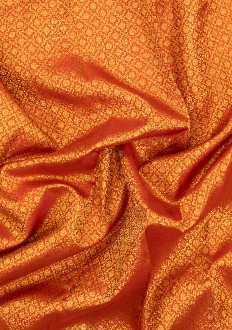 Rust Handloom Kanchipuram Silk Saree With Floral Zari Motifs With Buttas And Brocade Design For Women - Indya