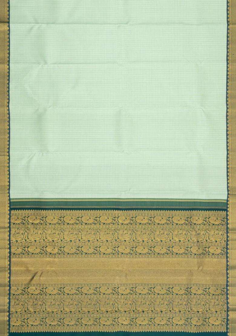 Mint Green Handloom Korvai Kanchipuram Silk Saree With Zari Checks With Korvai And Temple Border Design For Women - Indya