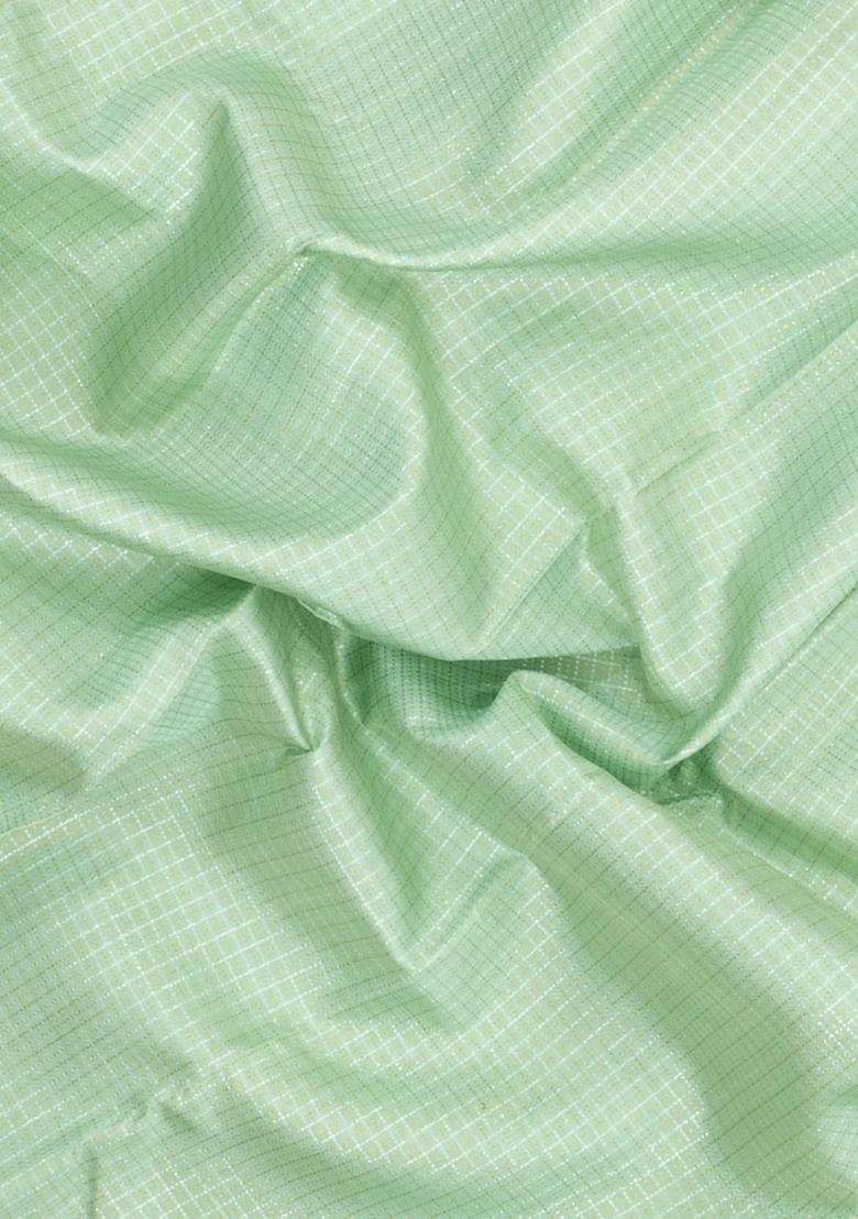 Mint Green Handloom Korvai Kanchipuram Silk Saree With Zari Checks With Korvai And Temple Border Design For Women - Indya