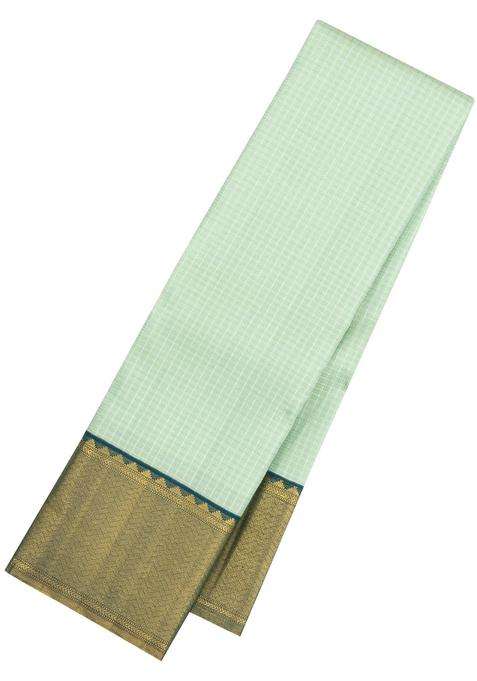 Mint Green Handloom Korvai Kanchipuram Silk Saree With Zari Checks With Korvai And Temple Border Design For Women