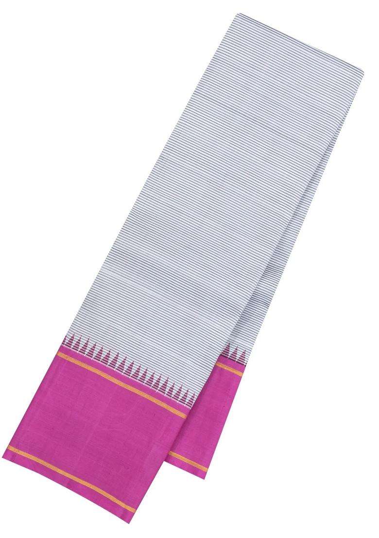 Grey Handloom Korvai Kanchipuram Silk Saree With Stripes With Korvai And Temple Border Design For Women - Indya