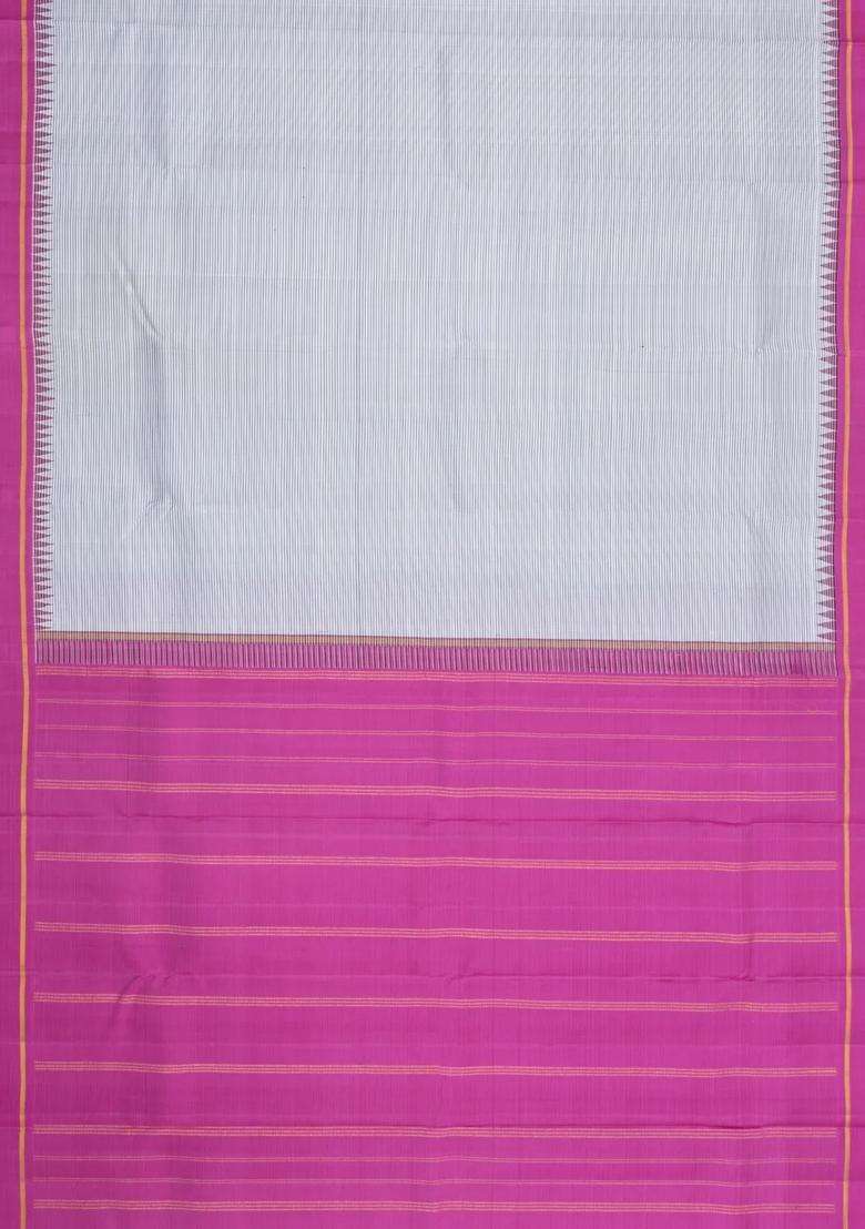 Grey Handloom Korvai Kanchipuram Silk Saree With Stripes With Korvai And Temple Border Design For Women - Indya