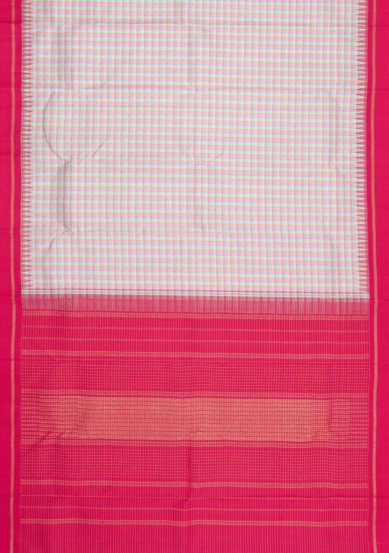 Multi Colour Handloom Korvai Kanchipuram Silk Saree With Checks With Korvai And Temple Border Design For Women - Indya