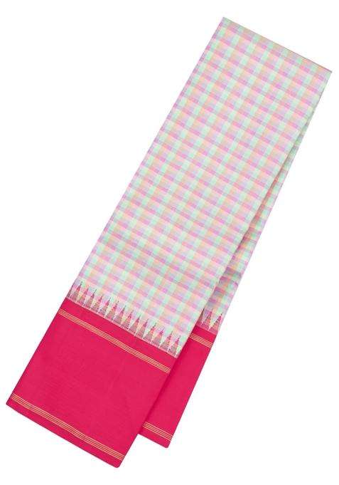 Multi Colour Handloom Korvai Kanchipuram Silk Saree With Checks With Korvai And Temple Border Design For Women