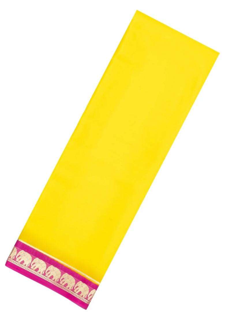 Lime Yellow Lemon Yellow Woven Mysore Silk Crepe Saree With Contrast Border With Traditional Woven Design For Women - Indya