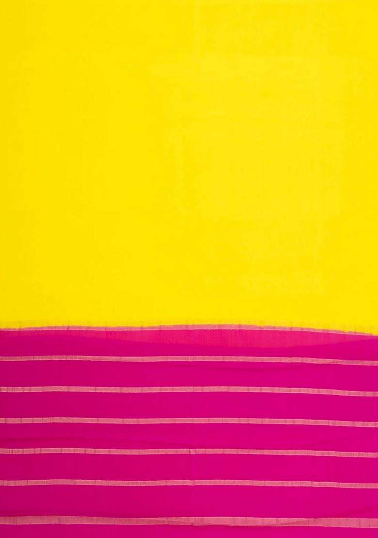 Lime Yellow Lemon Yellow Woven Mysore Silk Crepe Saree With Contrast Border With Traditional Woven Design For Women - Indya
