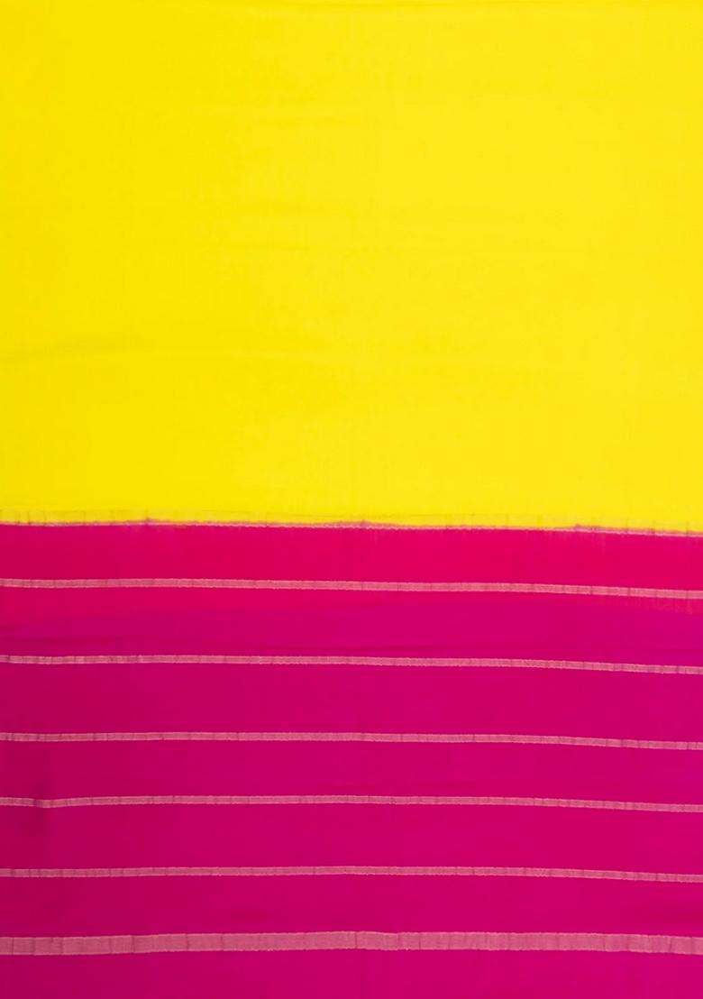 Lime Yellow Lemon Yellow Woven Mysore Silk Crepe Saree With Contrast Border With Traditional Woven Design For Women - Indya