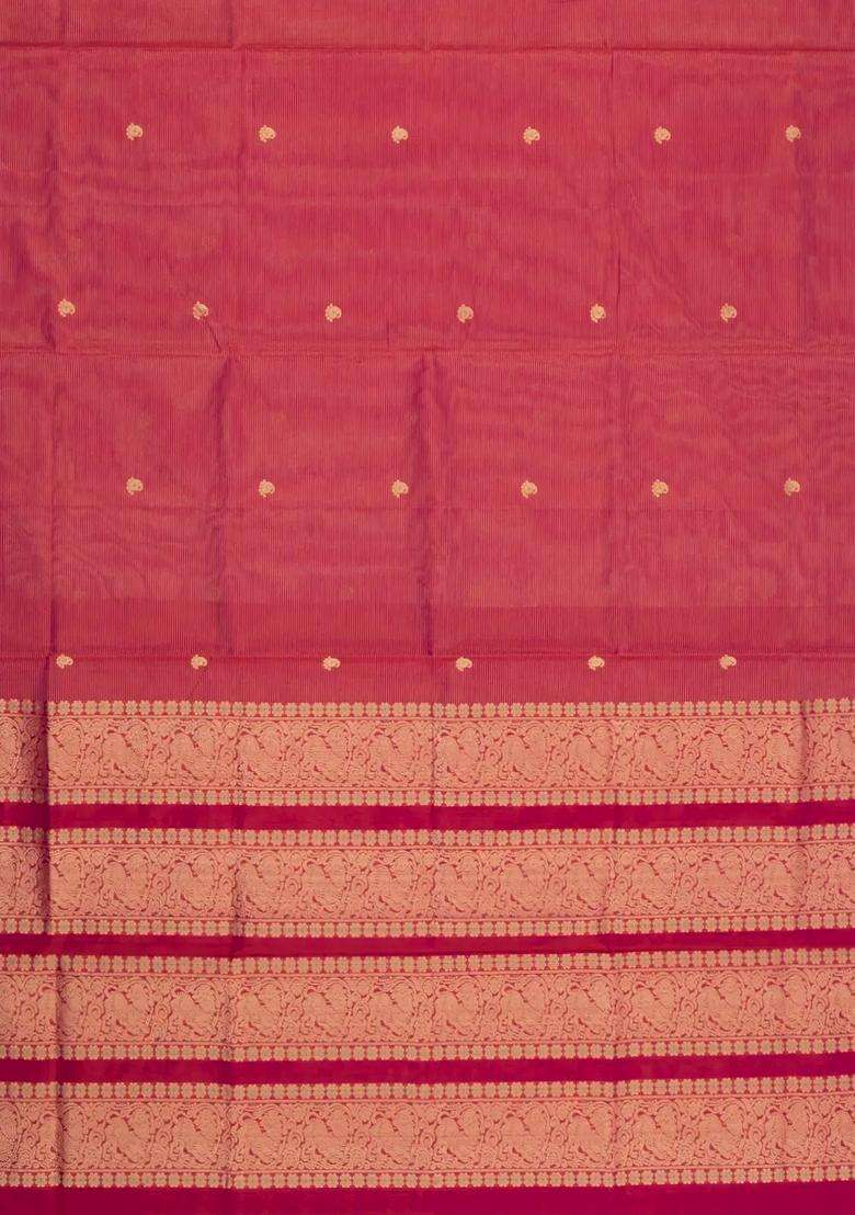 Magenta Handloom Silk Cotton Saree With Zari Stripes Buttas With Buttas And Brocade Design For Women - Indya