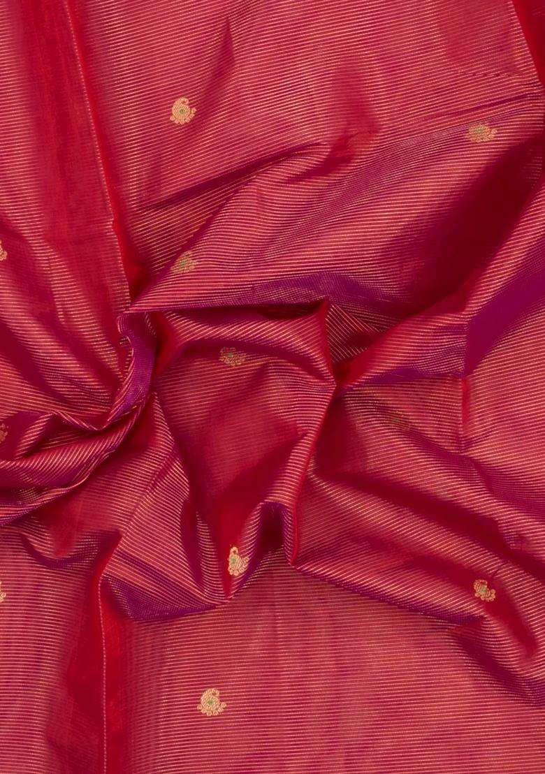 Magenta Handloom Silk Cotton Saree With Zari Stripes Buttas With Buttas And Brocade Design For Women - Indya