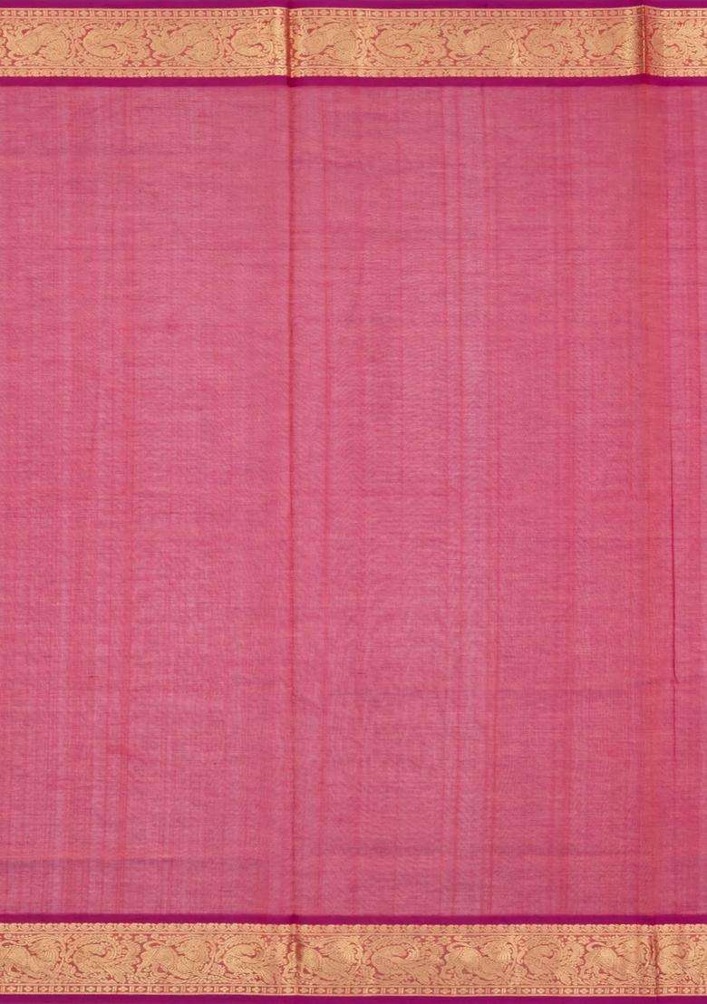 Magenta Handloom Silk Cotton Saree With Zari Stripes Buttas With Buttas And Brocade Design For Women - Indya