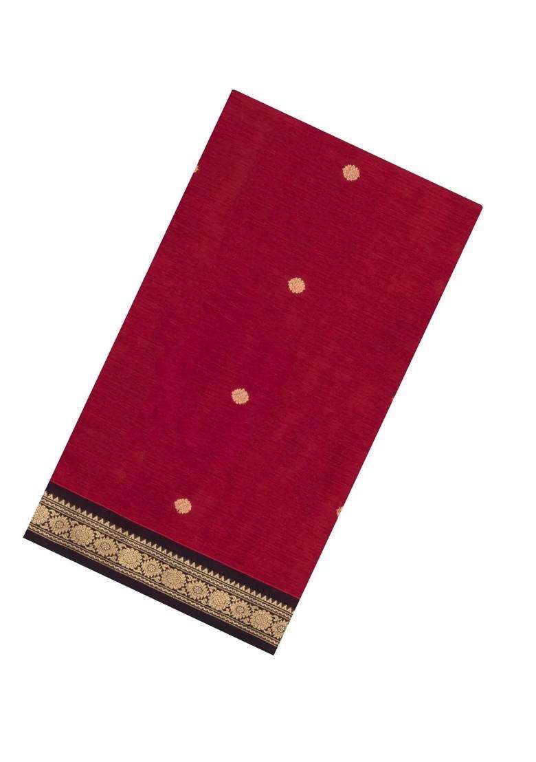 Crimson Handloom Silk Cotton Saree With Zari Buttas Contrast Border With Buttas And Brocade Design For Women - Indya
