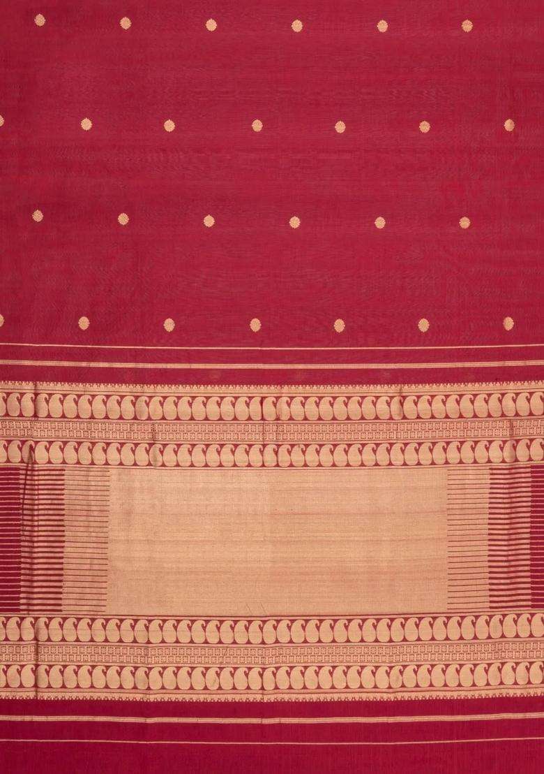 Crimson Handloom Silk Cotton Saree With Zari Buttas Contrast Border With Buttas And Brocade Design For Women - Indya