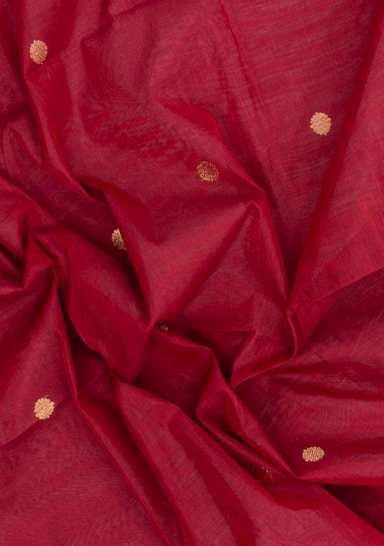 Crimson Handloom Silk Cotton Saree With Zari Buttas Contrast Border With Buttas And Brocade Design For Women - Indya