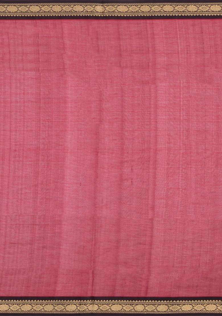 Crimson Handloom Silk Cotton Saree With Zari Buttas Contrast Border With Buttas And Brocade Design For Women - Indya