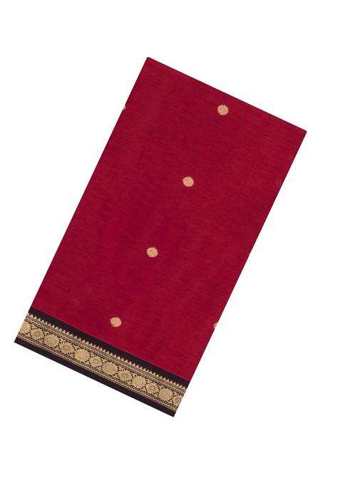 Crimson Handloom Silk Cotton Saree With Zari Buttas Contrast Border With Buttas And Brocade Design For Women