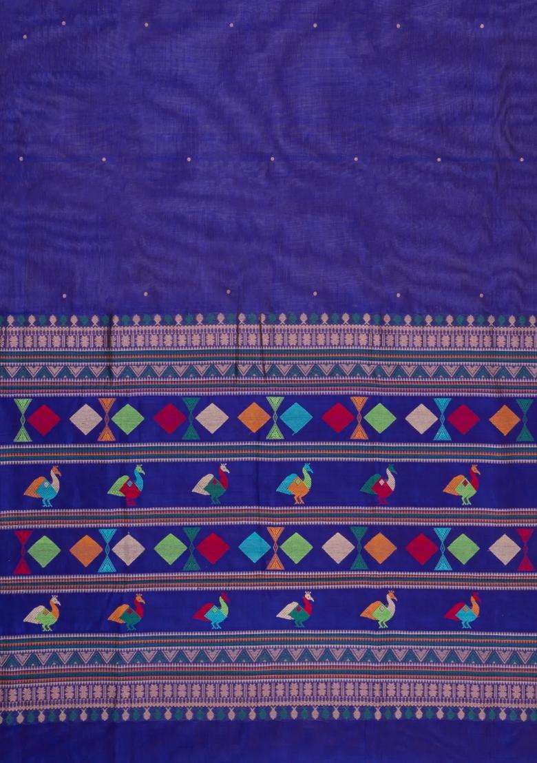 Violet Handloom Silk Cotton Saree With Zari Buttas Contrast Border With Buttas And Brocade Design For Women - Indya