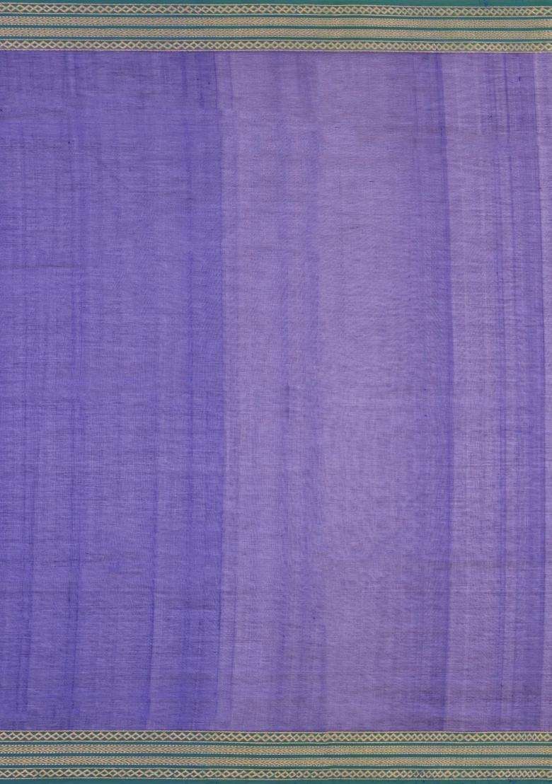 Violet Handloom Silk Cotton Saree With Zari Buttas Contrast Border With Buttas And Brocade Design For Women - Indya
