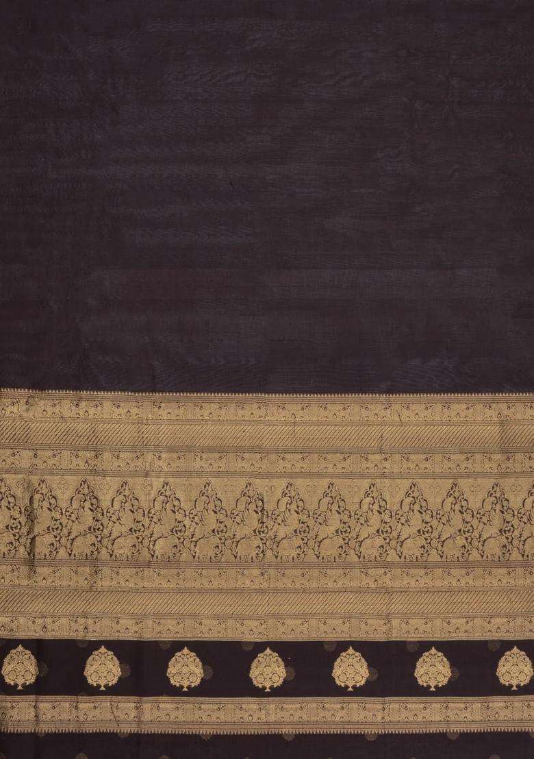 Black Handloom Silk Cotton Saree With Zari Border With Traditional Woven Design For Women - Indya