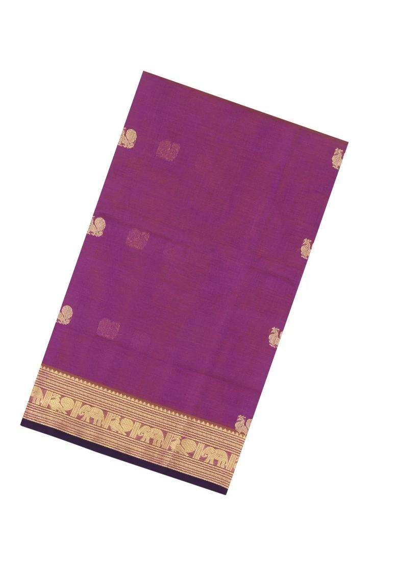 Lilac Handloom Silk Cotton Saree With Zari Buttas Contrast Border With Buttas And Brocade Design For Women - Indya