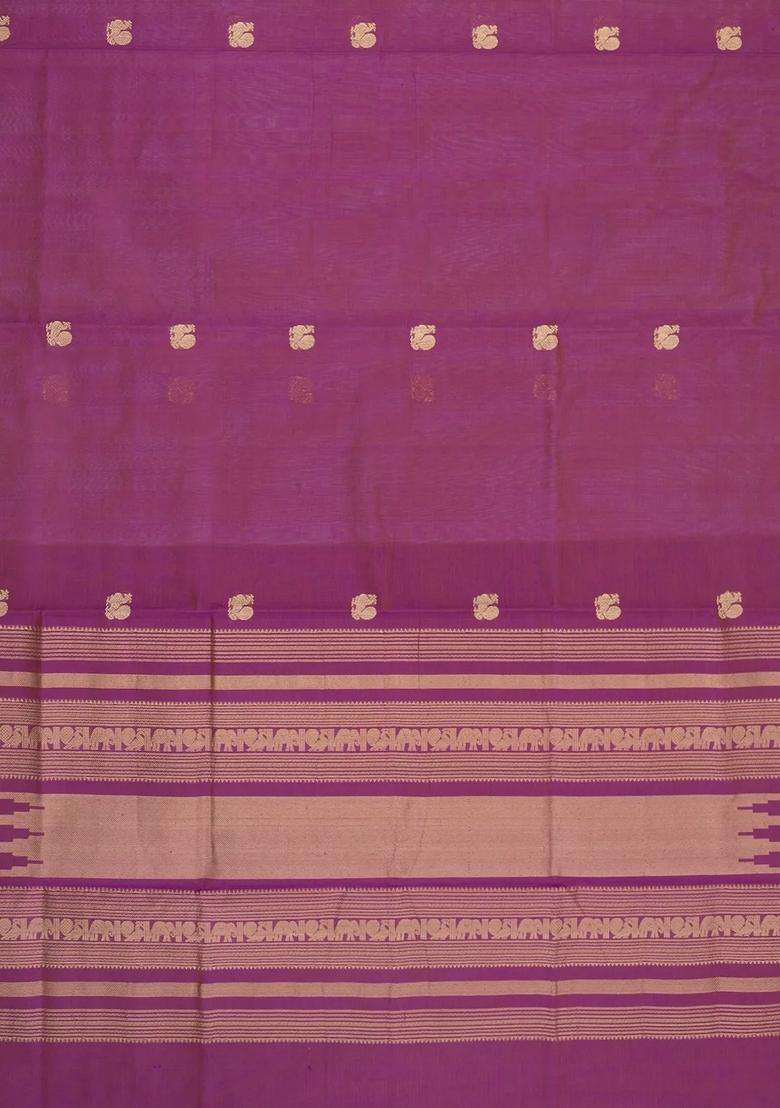 Lilac Handloom Silk Cotton Saree With Zari Buttas Contrast Border With Buttas And Brocade Design For Women - Indya