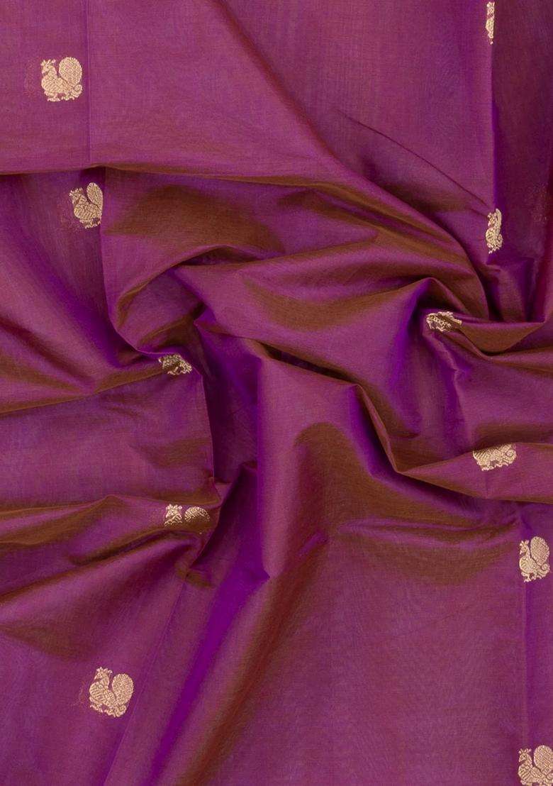 Lilac Handloom Silk Cotton Saree With Zari Buttas Contrast Border With Buttas And Brocade Design For Women - Indya
