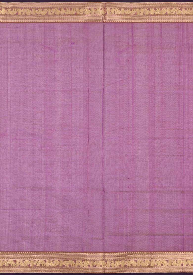 Lilac Handloom Silk Cotton Saree With Zari Buttas Contrast Border With Buttas And Brocade Design For Women - Indya